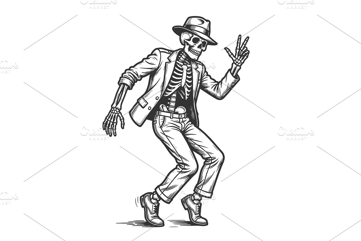 Stylish Skeleton Dancing With Peace, a Person Illustration by AlexArt
