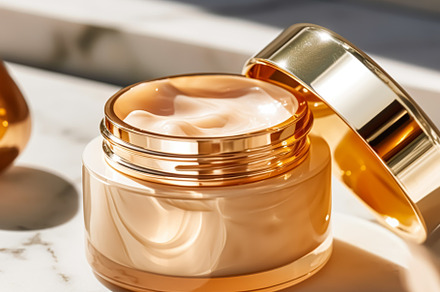 Luxury gold face cream jar on luxurious marble under golden sunl, a Photo by Anneleven