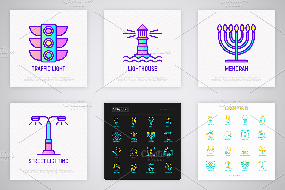 Lighting | 16 Thin Line Icons Set, an Outline Icon by Alex Blogoodf (Photo 6 of 7)