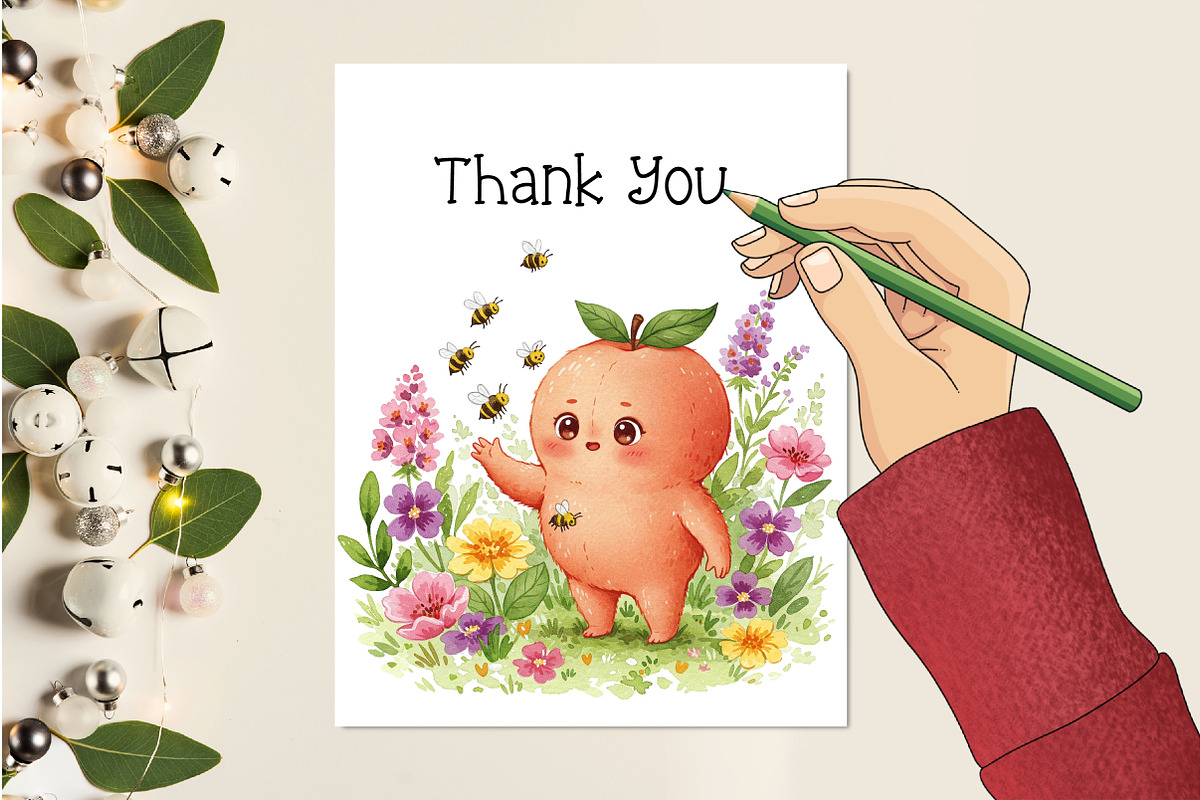 Watercolor Cute Peaches Garden Fruit, an Illustration by Creative Art (Photo 8 of 10)