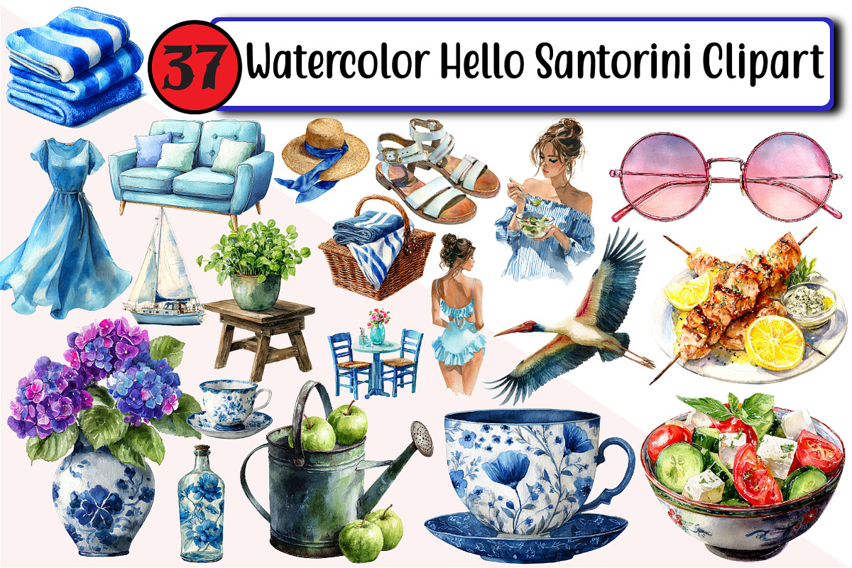 Watercolor Hello Santorini Clipart, an Illustration by Design Market (Photo 1 of 3)