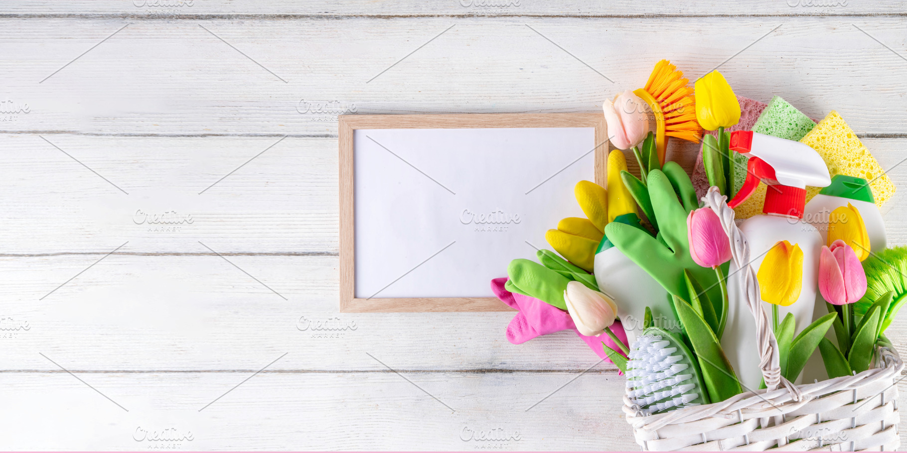 Spring cleaning background with spring tulip flowers and cleanin, a Holiday Photo by Rimma