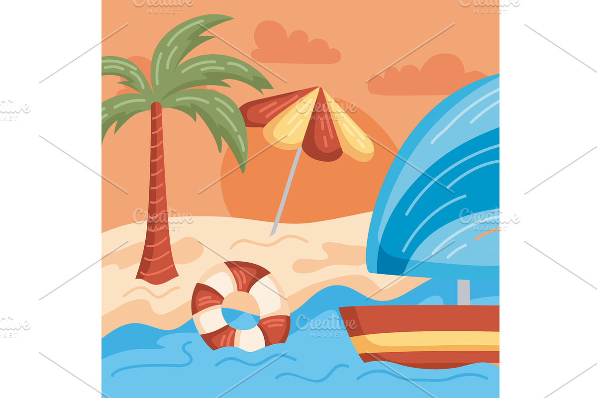 sailboat and palm beach, an Illustration by studiogstock