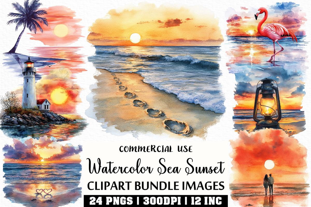Watercolor Sea Sunset Clipart, an Illustration by Craft Nest (Photo 1 of 6)