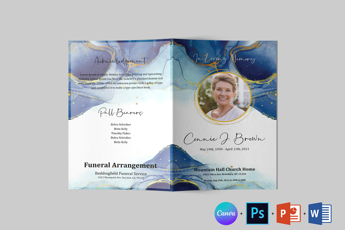 Blue Gold Funeral Program Template, a Brochure Template by Designscozy (Photo 5 of 8)