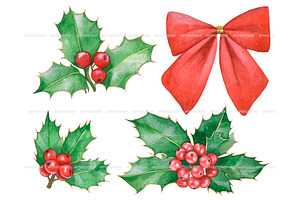 Watercolor Christmas Holly Clipart