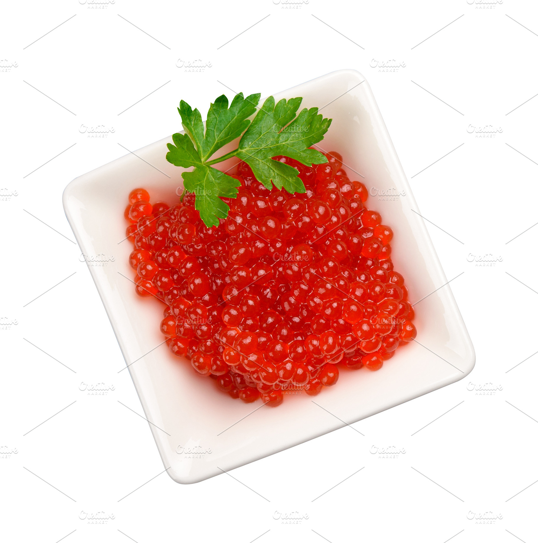 Red caviar in a white square ceramic bowl decorated with a sprig, a Food & Drink Photo by ndanko