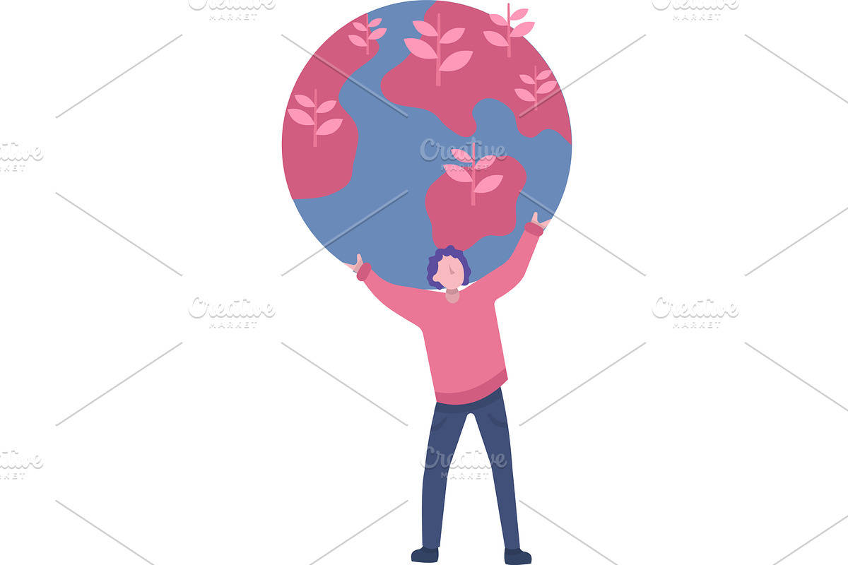 Vector man holding earth globe flat, a Person Illustration by vectorpointstudio