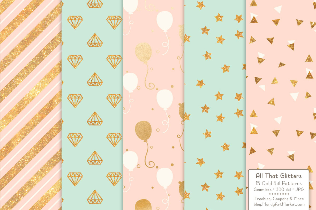 Mint & Peach Gold Foil Digital Paper, a Pattern Graphic by Amanda Ilkov (Photo 2 of 4)