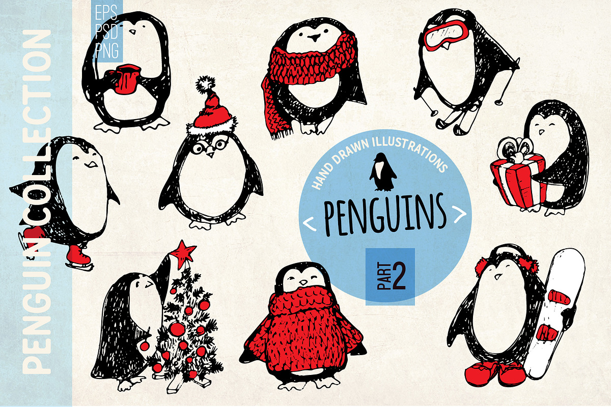 Christmas penguins. Engraving style, an Animal Illustration by Alena Kaz (Photo 1 of 4)