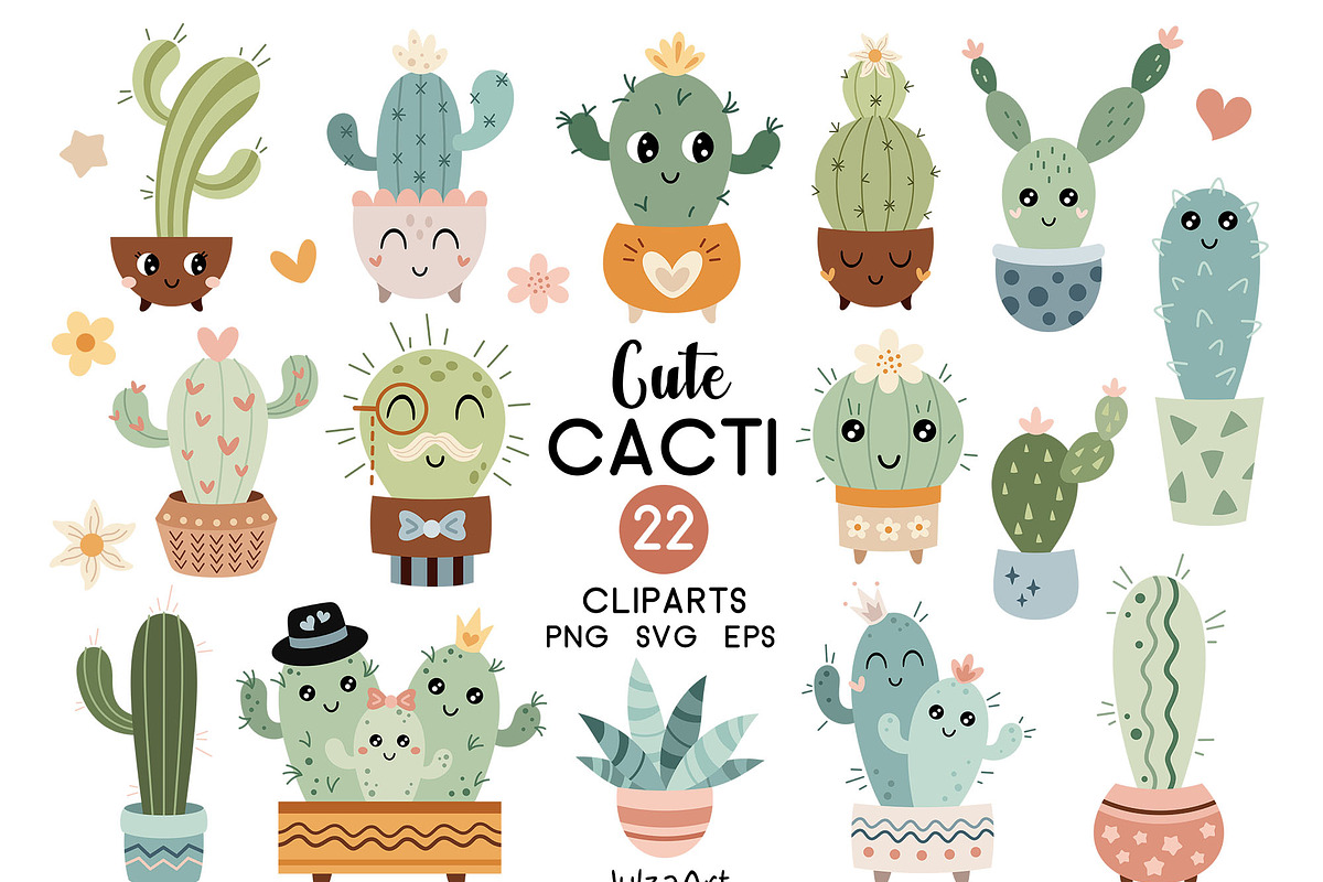 Cute cactus clipart, a Seasonal Illustration by JulzaArt (Photo 1 of 6)