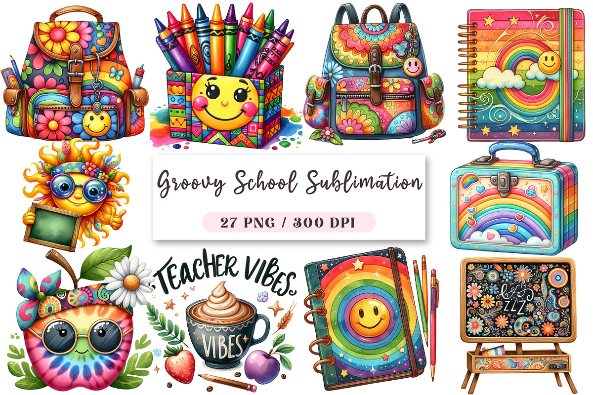 Groovy School Sublimation Clipart Bu, an Illustration by DreamArtGraphic (Photo 1 of 4)
