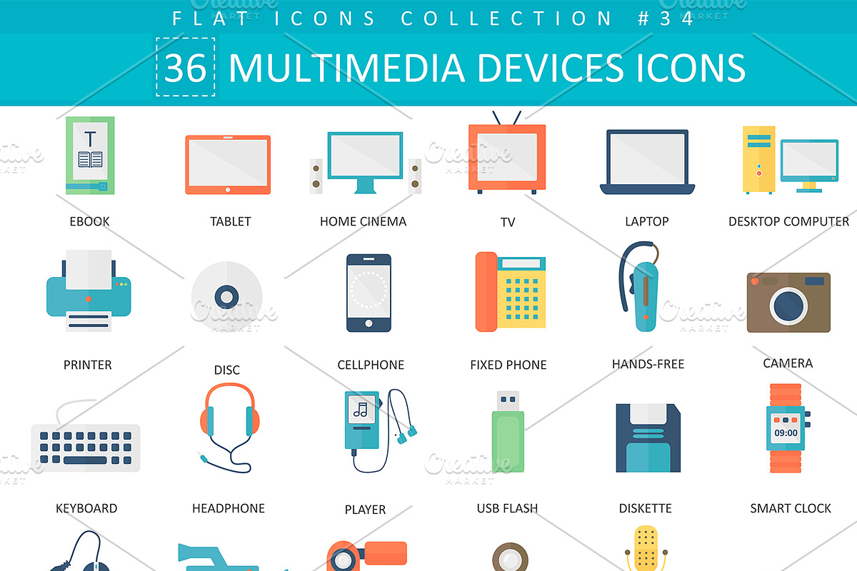 36 Multimedia devices flat icons set, an Icon by Lemberg Vector