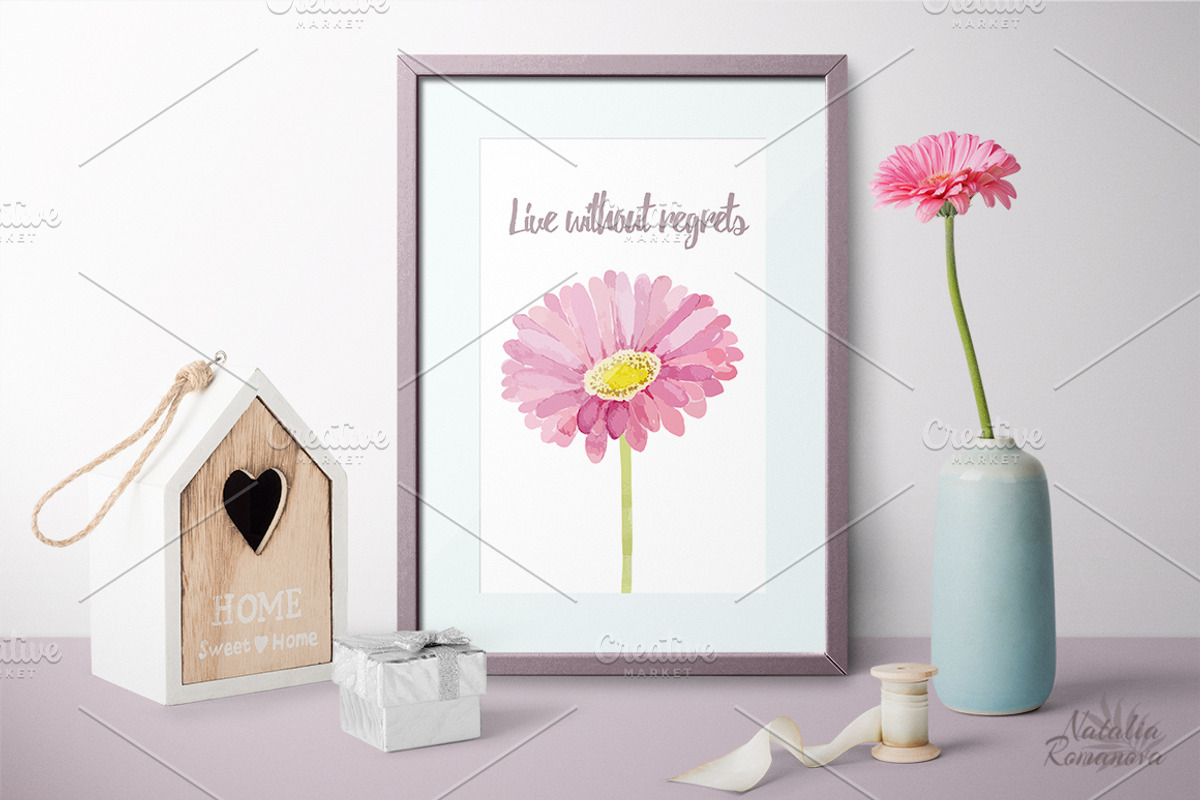 Watercolor set of gerbera flowers, a Decorative Illustration by BrushArtDesigns (Photo 9 of 9)