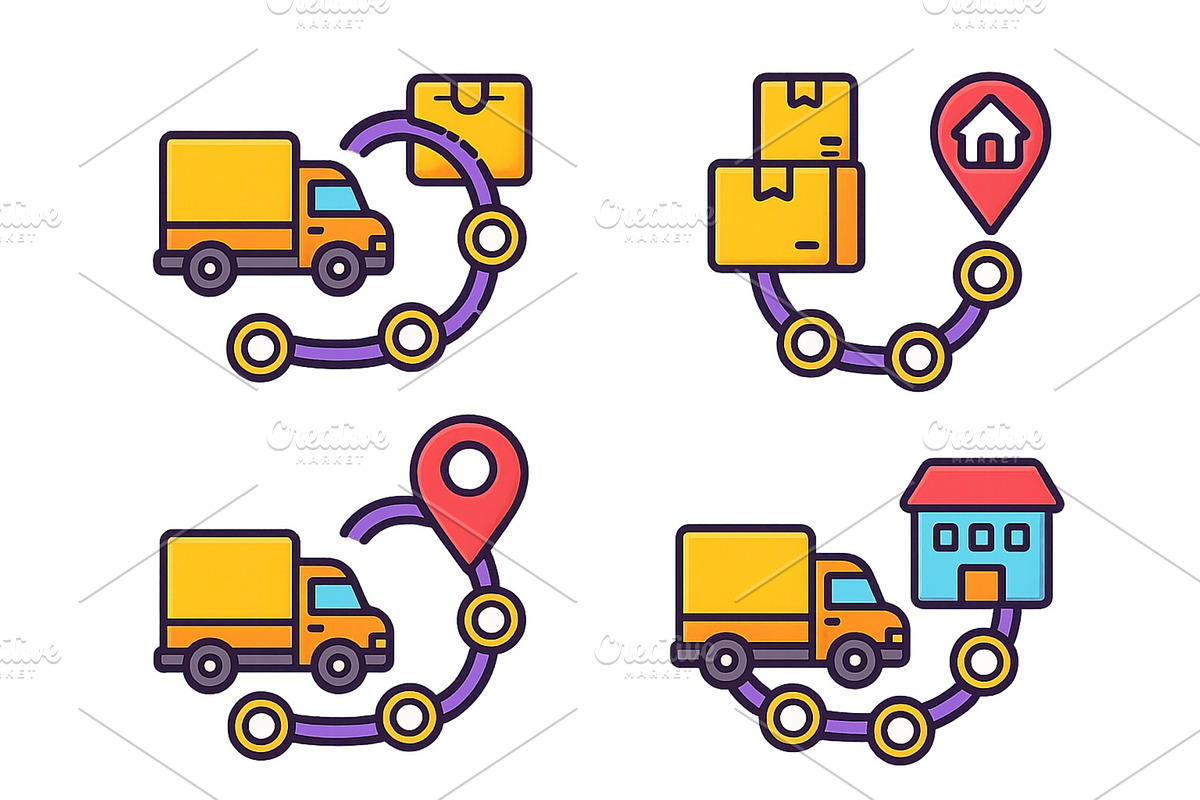 Delivery process icons showing, a Transportation Illustration by ZinetroN