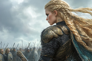 Female warrior in golden armor, standing confidently with her shield in front o, a Person Photo by Mashimara