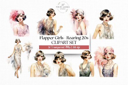 Watercolor Flapper Girls Clipart Set, a Person Illustration by The Twin Lakes Studio