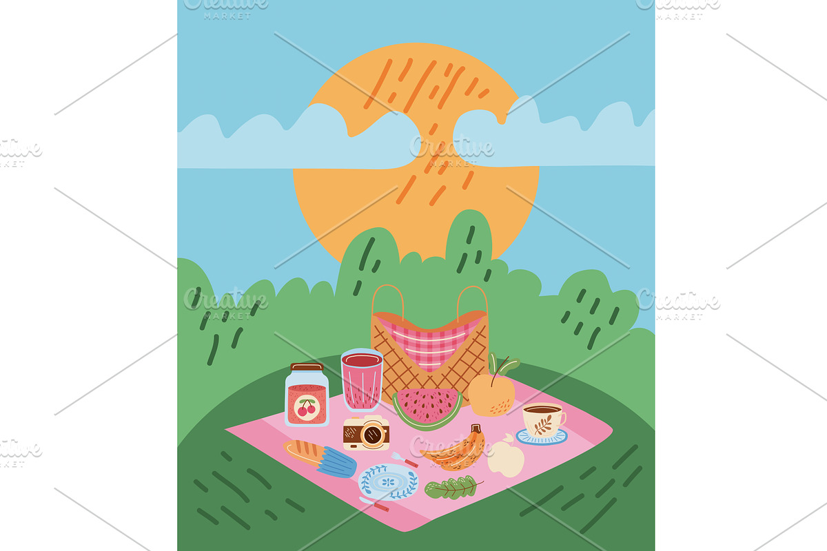 picnic in camp landscape, a Food Illustration by studiogstock