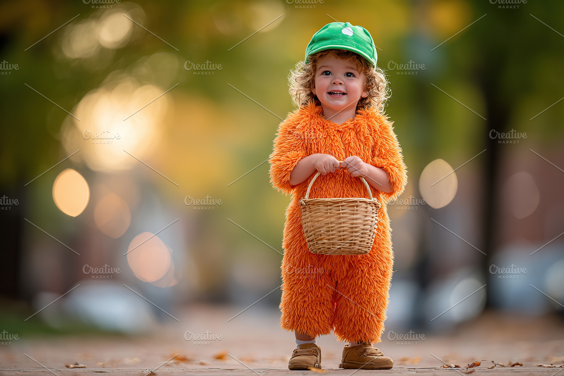 Child in an orange costume holding a basket during autumn in a park, a Person Photo by AlyaAnd