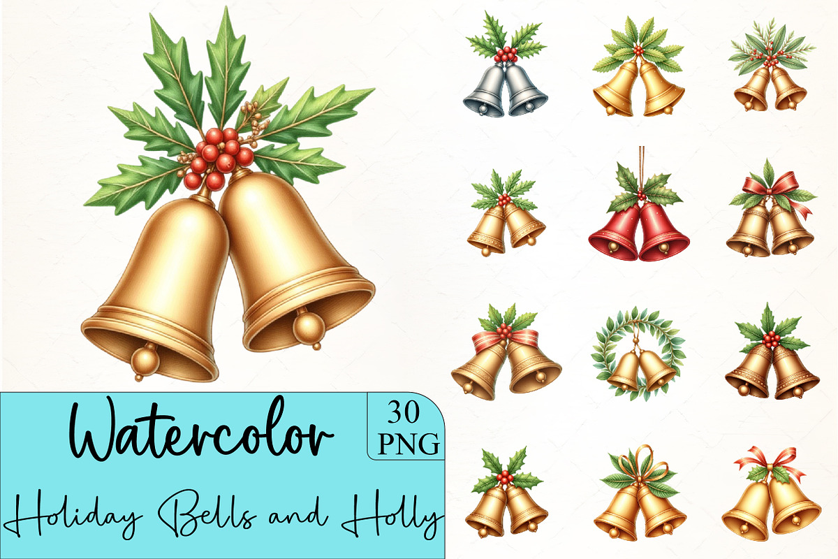 Holiday Bells and Holly Clipart, an Illustration by CrexoraLab (Photo 1 of 5)