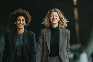Confident businesswomen walking through a modern office corridor with smiles, a Business Photo by AS photostudio