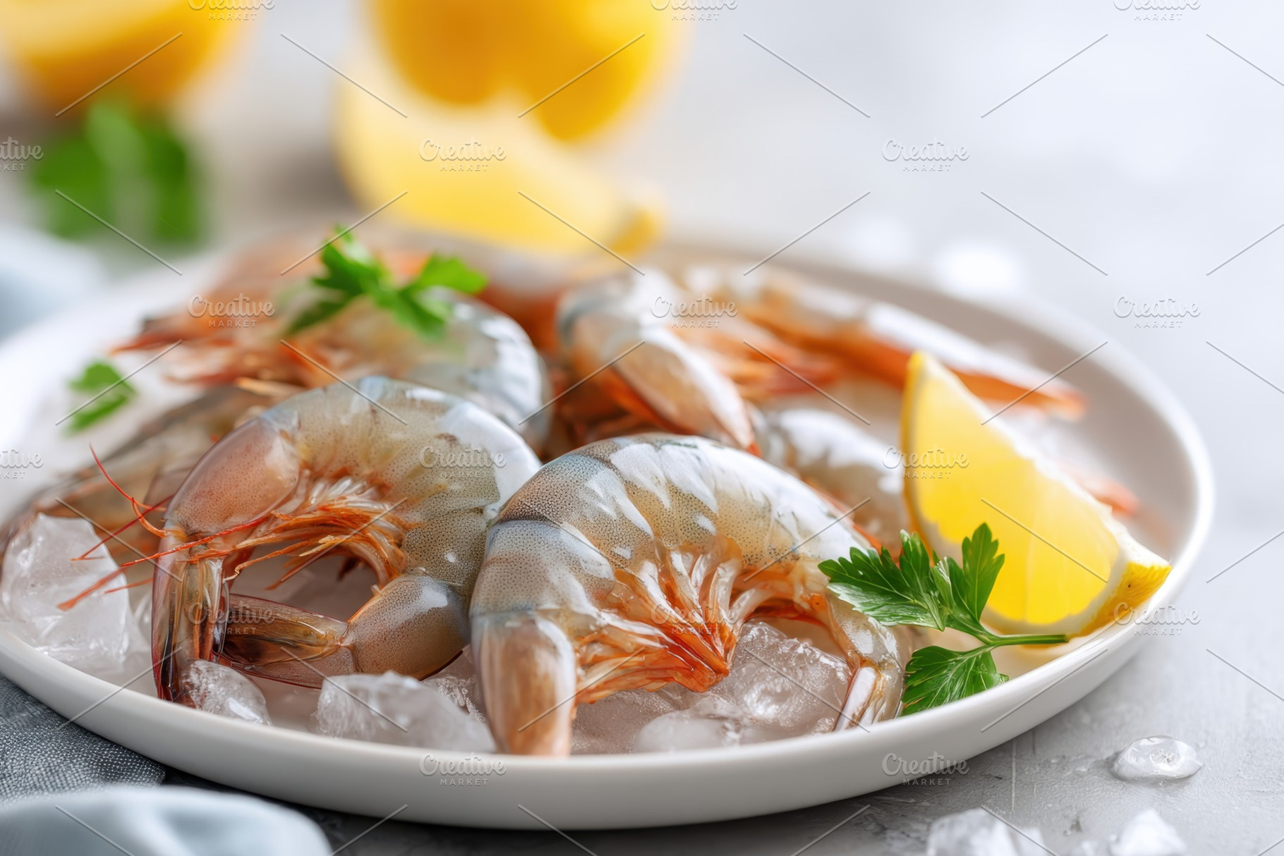 Fresh shrimp on ice with lemon and parsley, a Food & Drink Photo by AlyaAnd