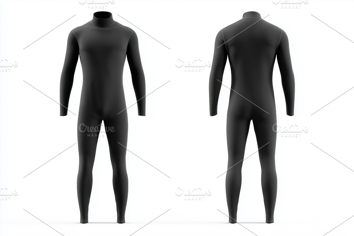 A sleek, full-body black wetsuit mockup from the front and back views ...