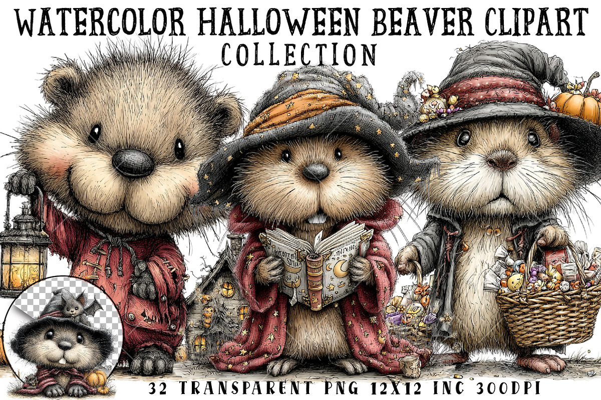 Watercolor Halloween Beaver Clipart, a Seasonal Illustration by OK Design (Photo 1 of 6)