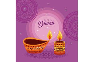 happy diwali lettering postcard, an Illustration by studiogstock