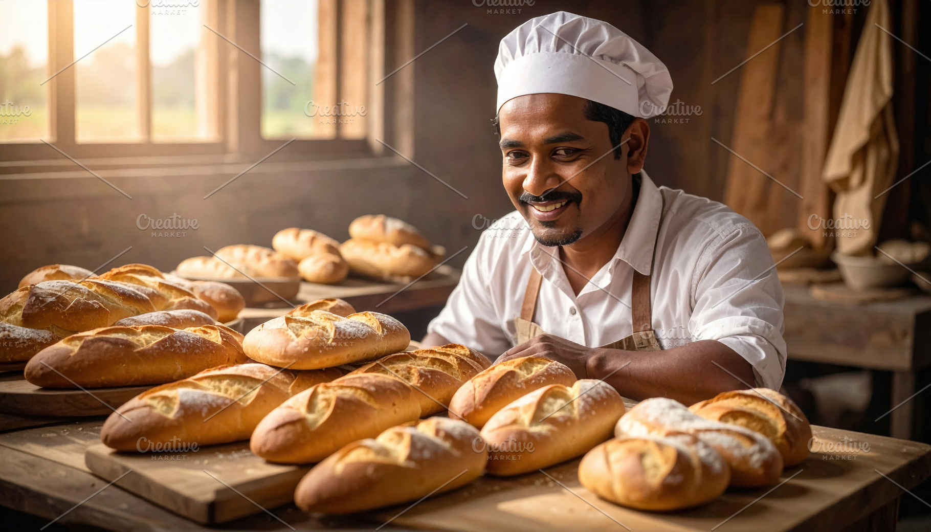 Smiling Baker with Fresh Bread Display, a Food & Drink Photo by Davizro's Market