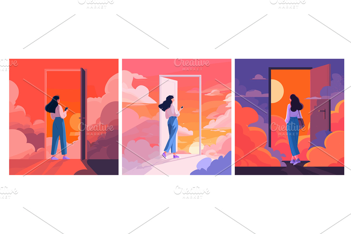 Woman at doorway. Young women open, a Person Illustration by Stock-Smart-Start