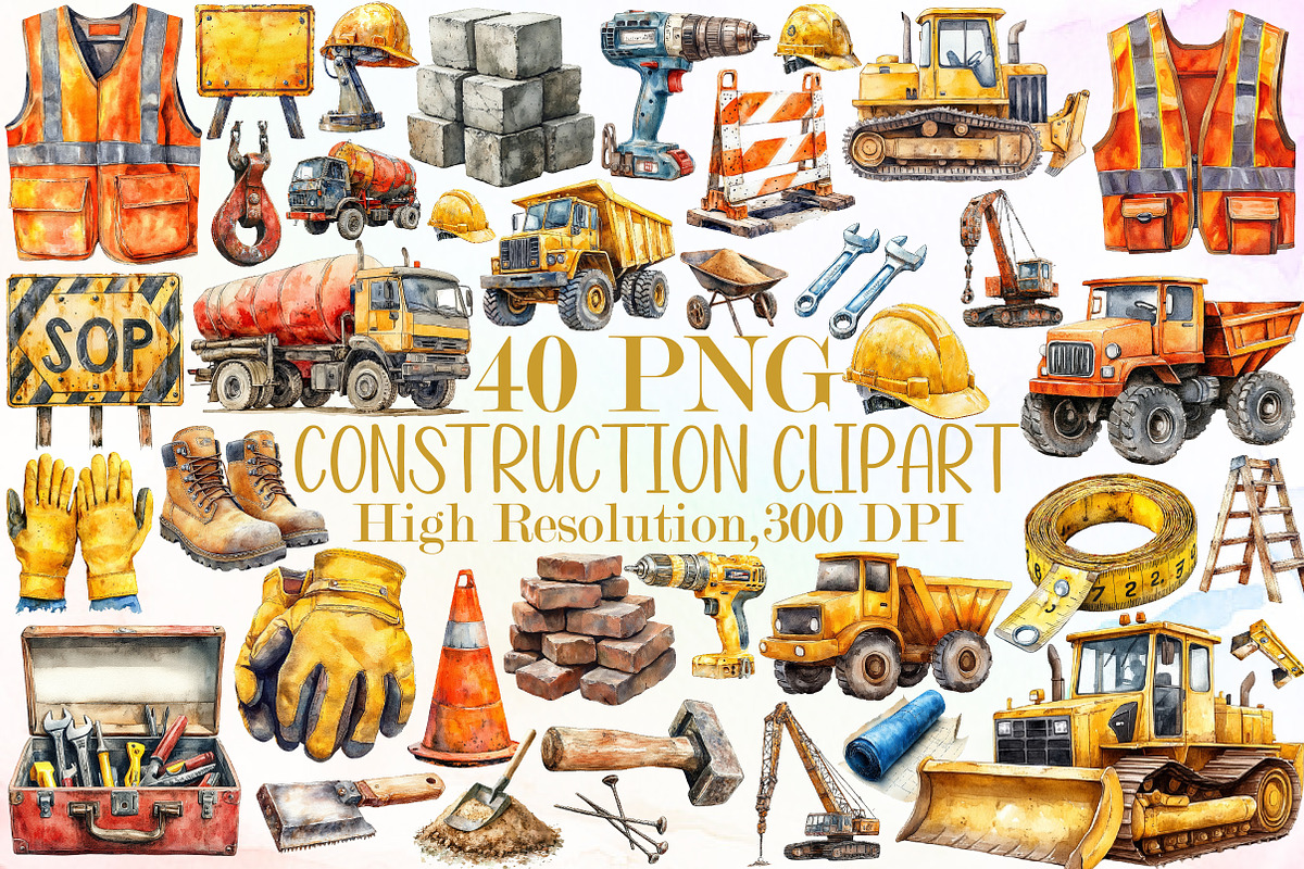 Watercolor Construction Clipart Bund, an Illustration by Sublimation Artist (Photo 1 of 6)