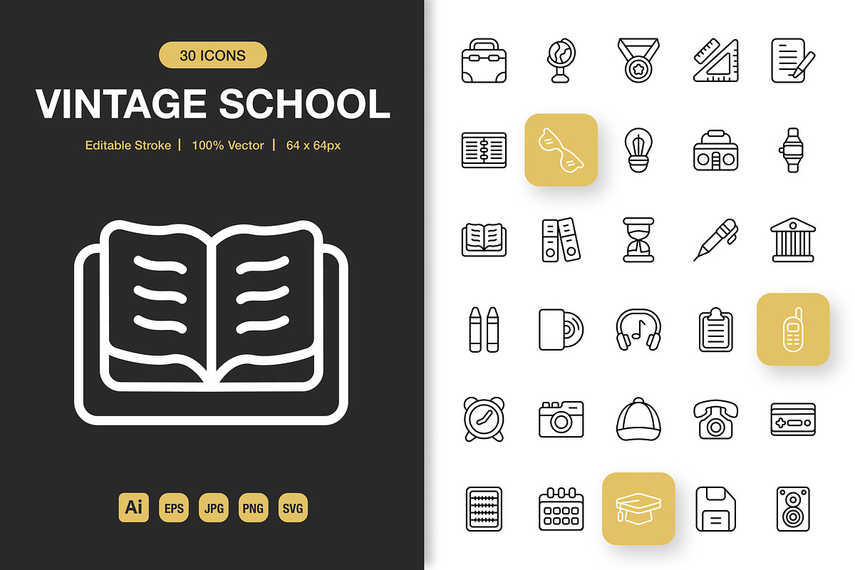 Vintage School Icons, an Outline Icon by Spacepixel Creative