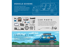 Car Repair Auto Service Vector Mechanic Garage Worker Career Infographic Concept. Motorcar Parts And Happy Family Vehicle Automobile Travel Illustrati