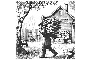 man carrying firewood rustic house, a Person Illustration by AlexArt