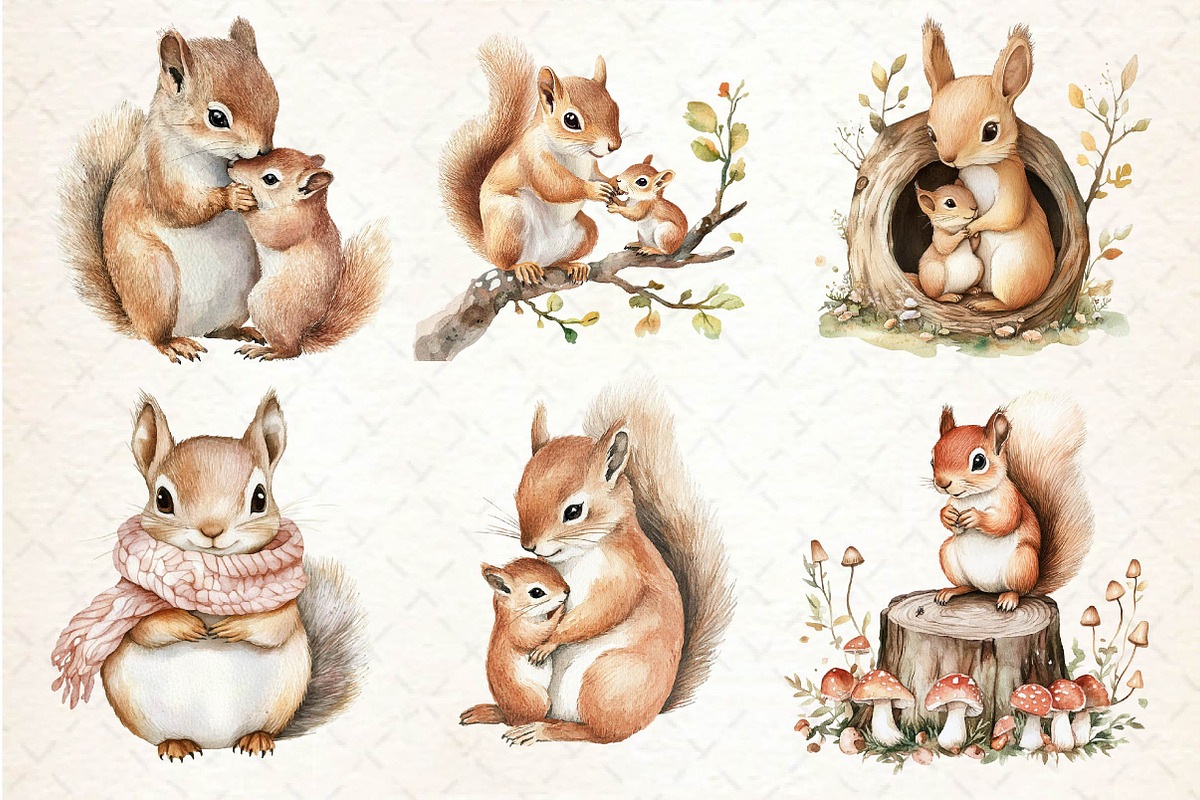 Watercolor Squirrel & Baby Clipart, an Illustration by Dream Creation (Photo 3 of 5)