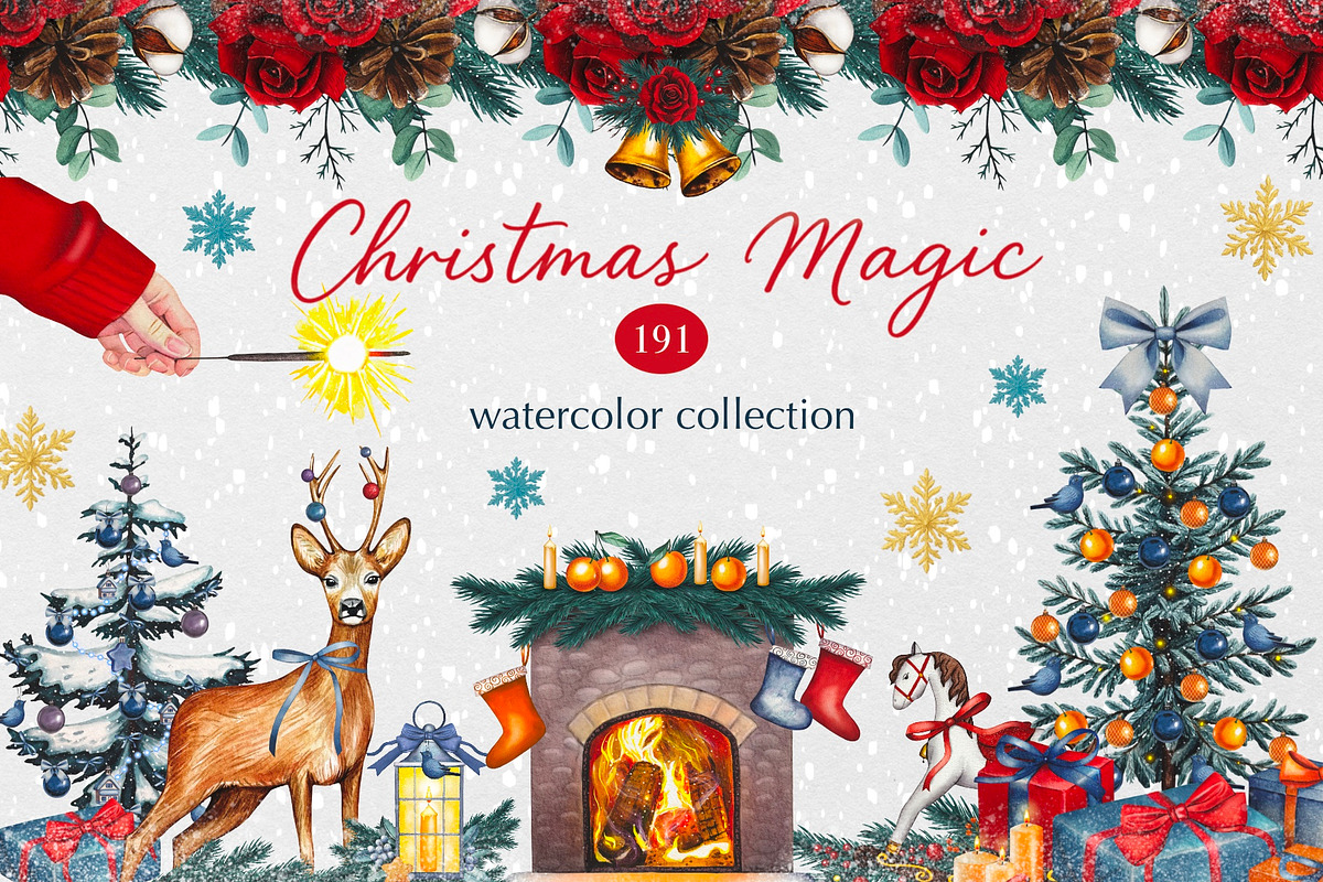 Christmas Magic Watercolor Clipart, a Seasonal Illustration by DiashaArt (Photo 1 of 18)