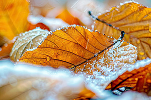 snow on the leaves, looks beautiful, a Photo by LOGOCREATIVE
