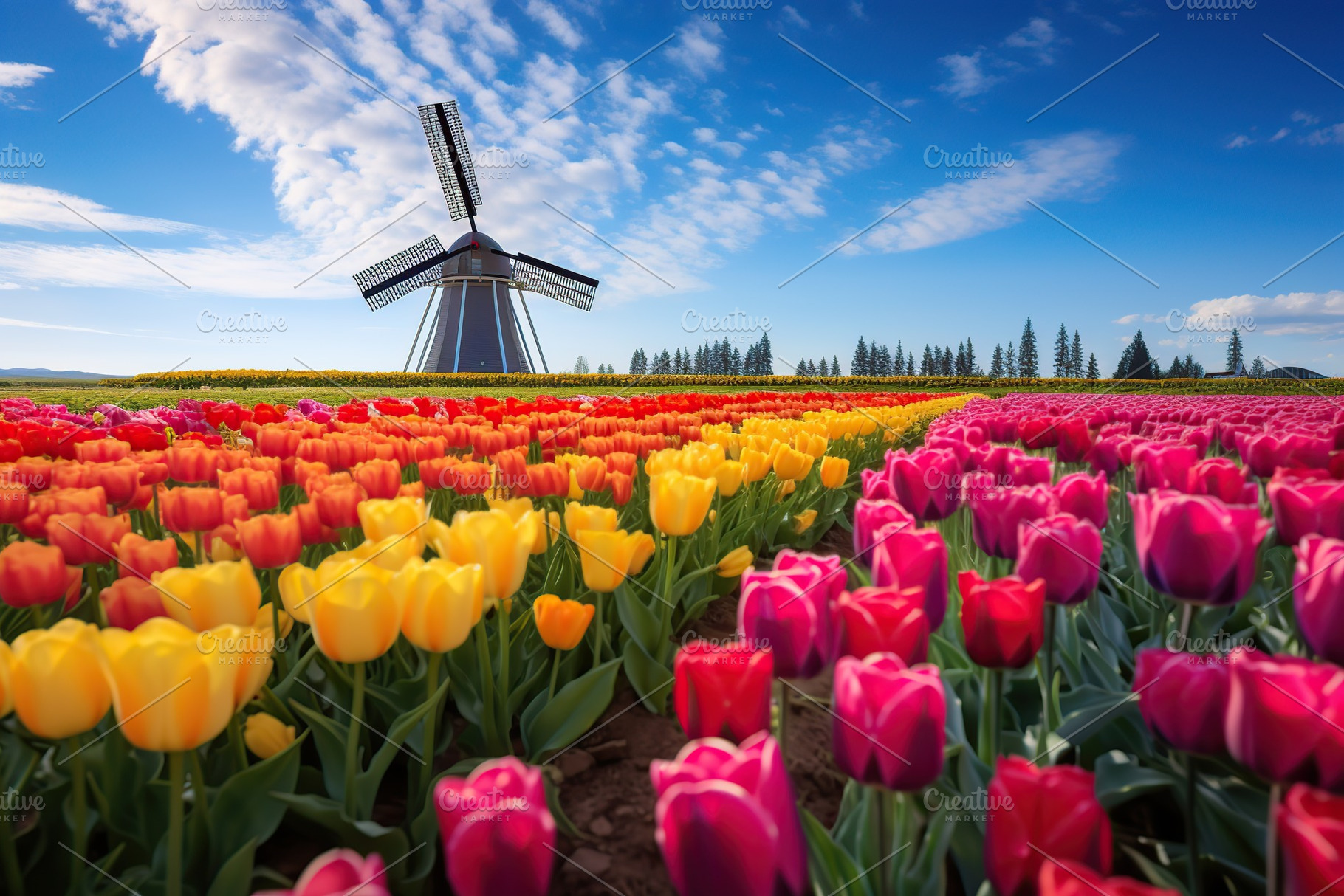 Field of beautiful colorful tulips and old wooden windmill, a Nature Photo by AlyaAnd