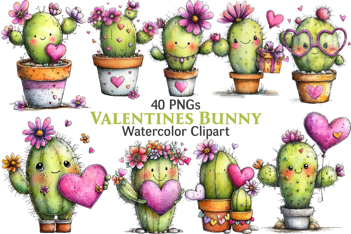 Whimsical Cactus Valentine's Day, an Illustration by Pixels.Craft (Photo 1 of 5)