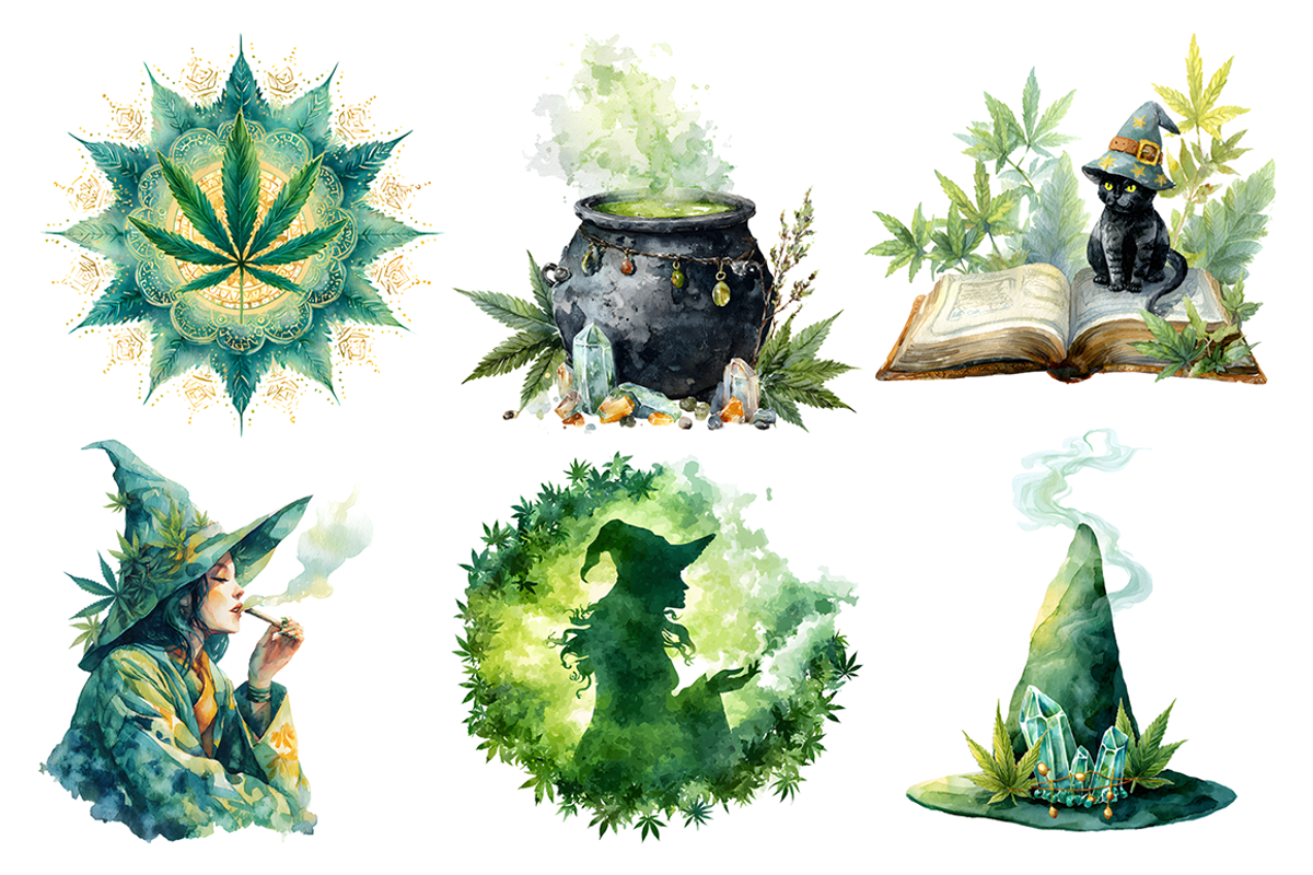 Watercolor Witches Cannabis Clipart, a Decorative Illustration by stickermadness (Photo 4 of 4)