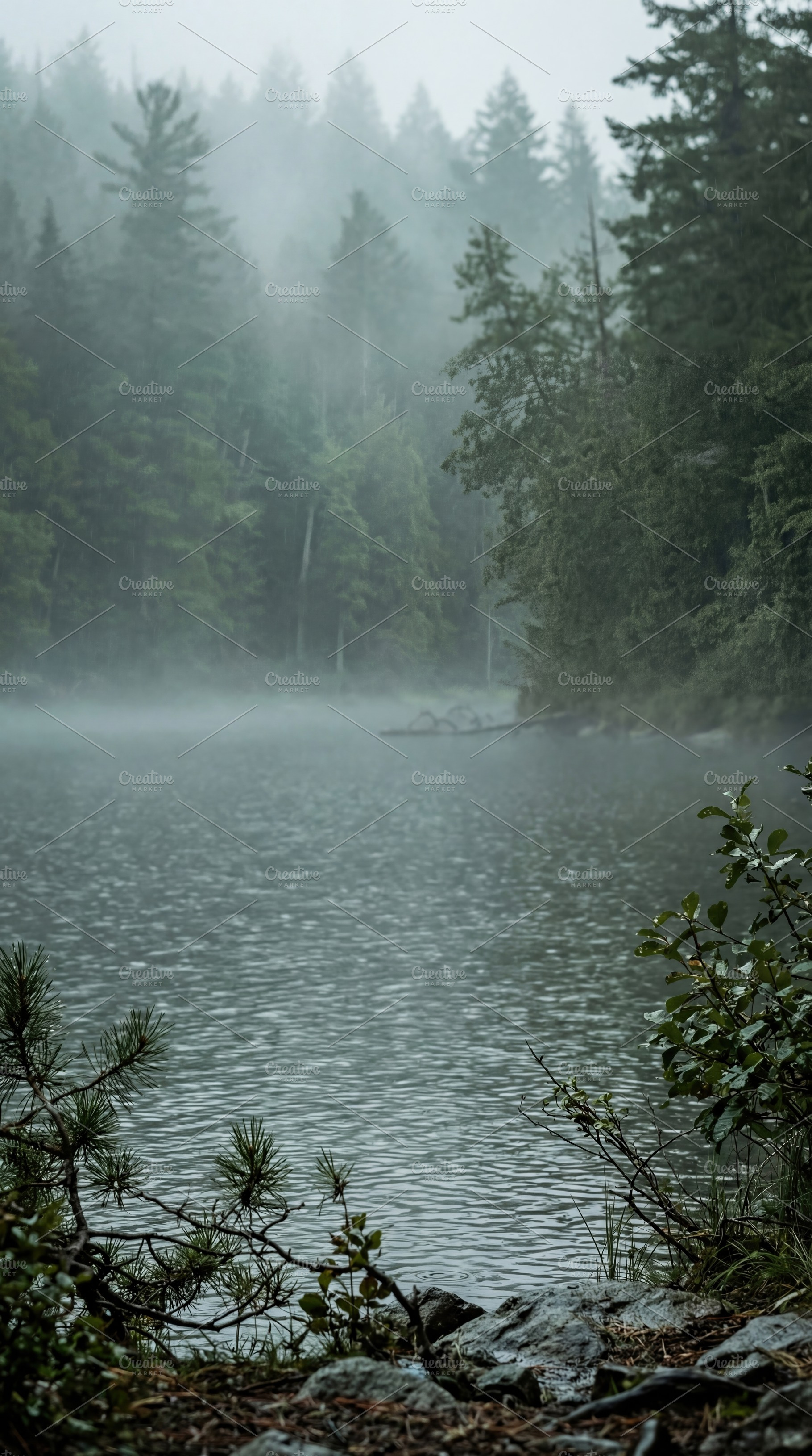 Serene Misty Forest Lake Landscape, a Nature Photo by Virgo Studio