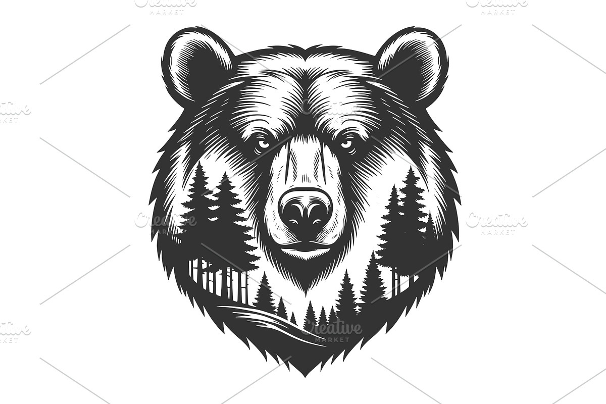 Bear Head with Forest Silhouette, an Animal Illustration by AlexArt