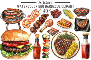 Watercolor BBQ Barbecue Clipart, an Illustration by designcity5
