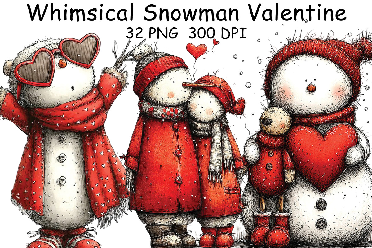 Whimsical Snowman Valentine Clipart, an Illustration by CraftArtStudio (Photo 1 of 6)