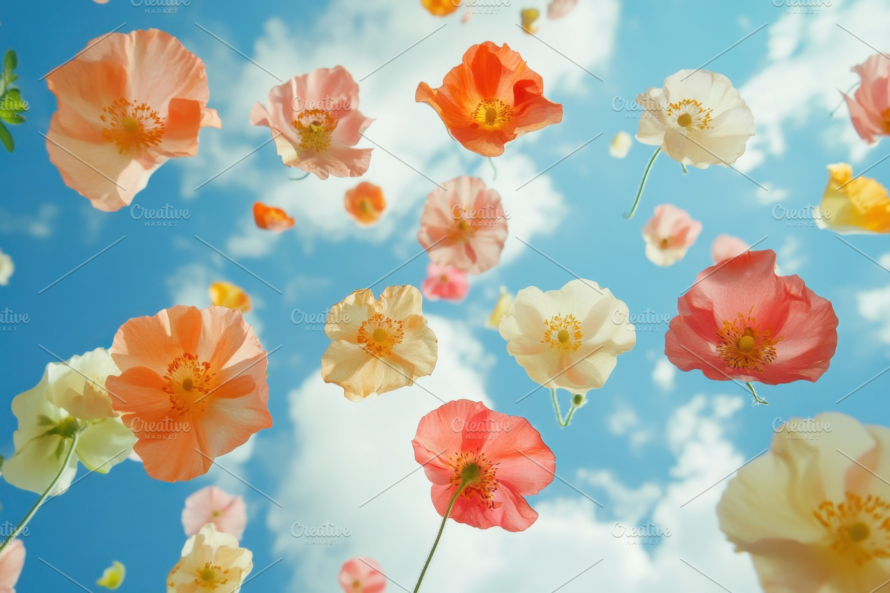 Colorful floating flowers under a br, a Photo by Tanuart