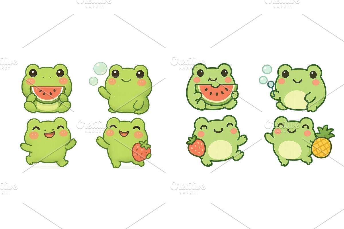 Cute green frogs enjoying fruits and, an Illustration by ZinetroN