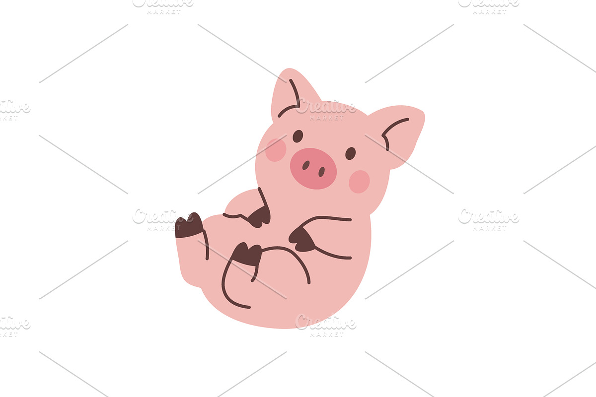Cute piglet lying on back with smile, an Animal Illustration by GraphiShop