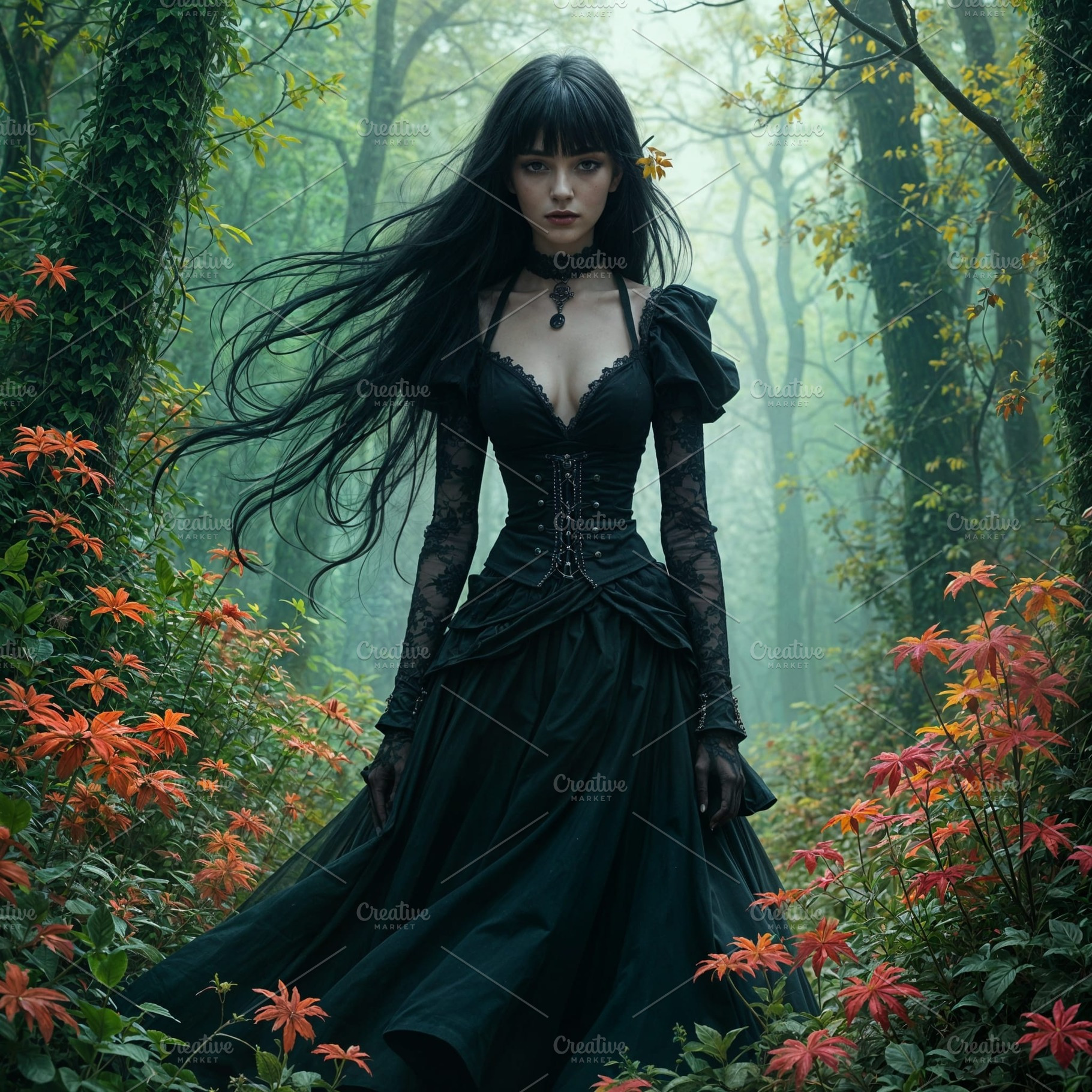 beautiful goth woman portrait in the woods, AI generated, a Photo by WorldOfPhotos