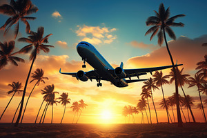Airplane flying over palm trees at s, a Photo by Iftikhar Alam
